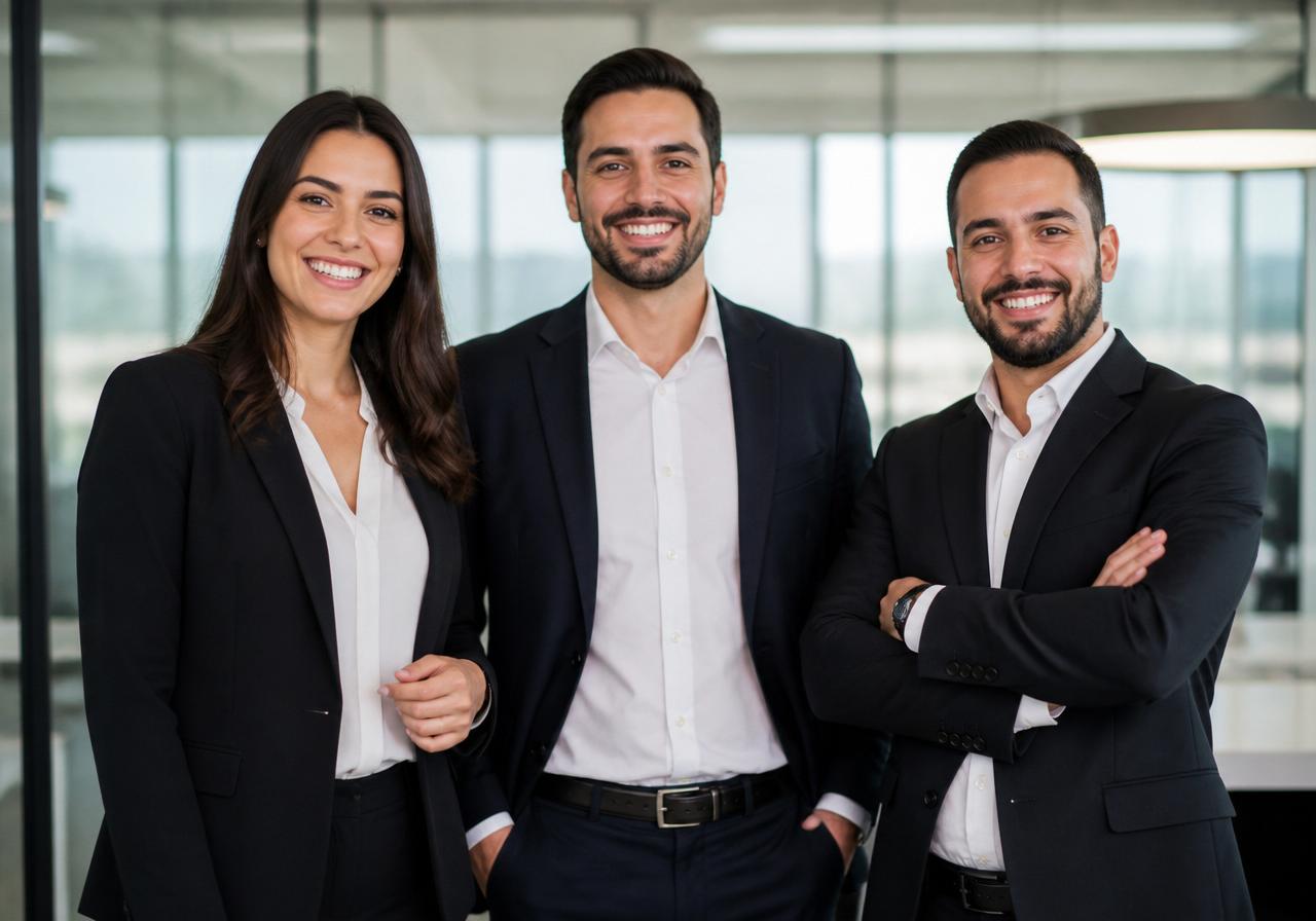 Equipe de profissionais sorrindo em ambiente corporativo